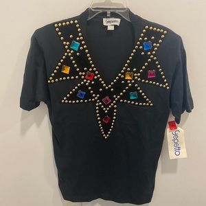 Vintage Gepetto Bedazzled Bejeweled Black Blouse